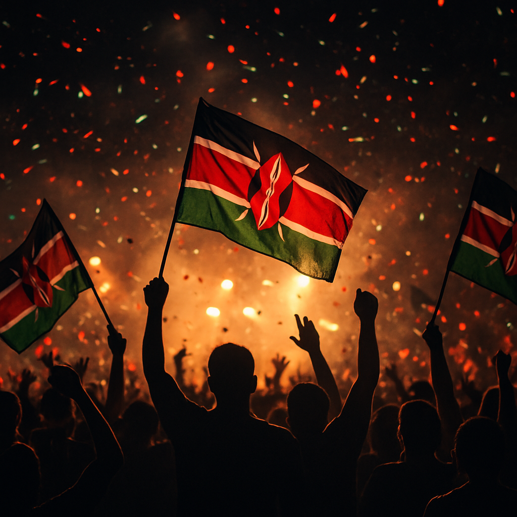 Crowd celebrating during the day waving Kenyan flags